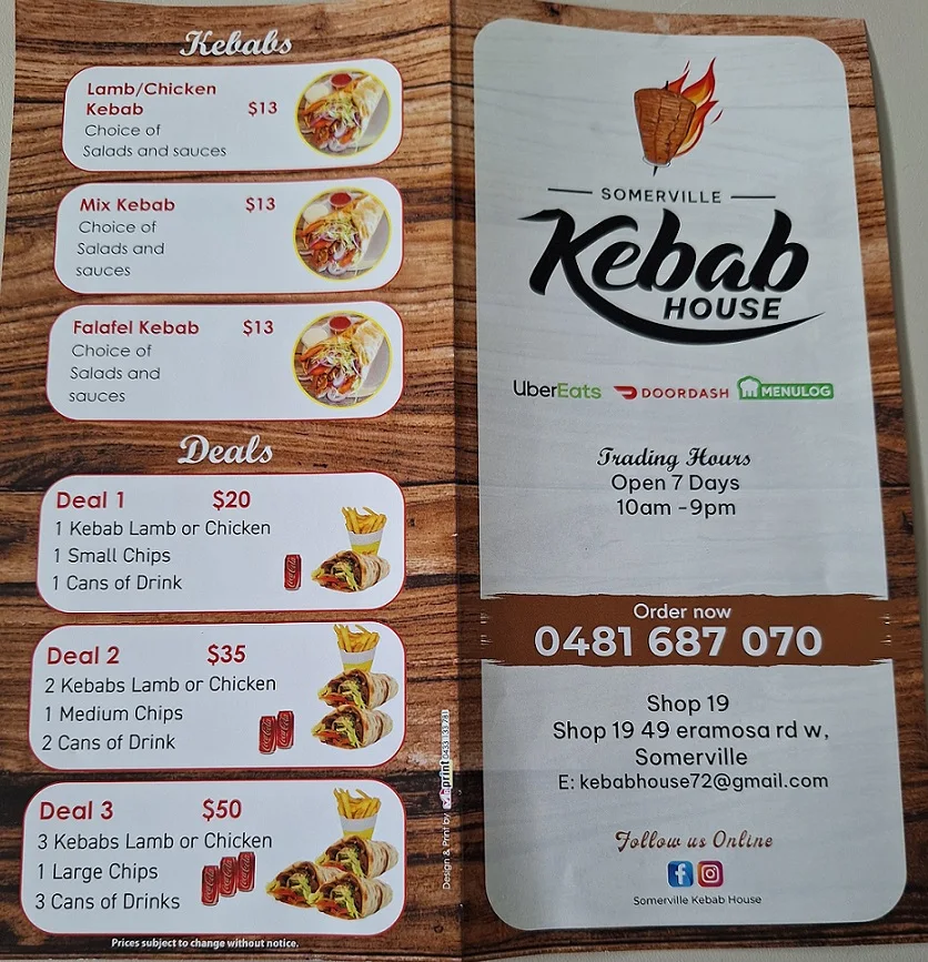 Menu, Somerville Kebab House