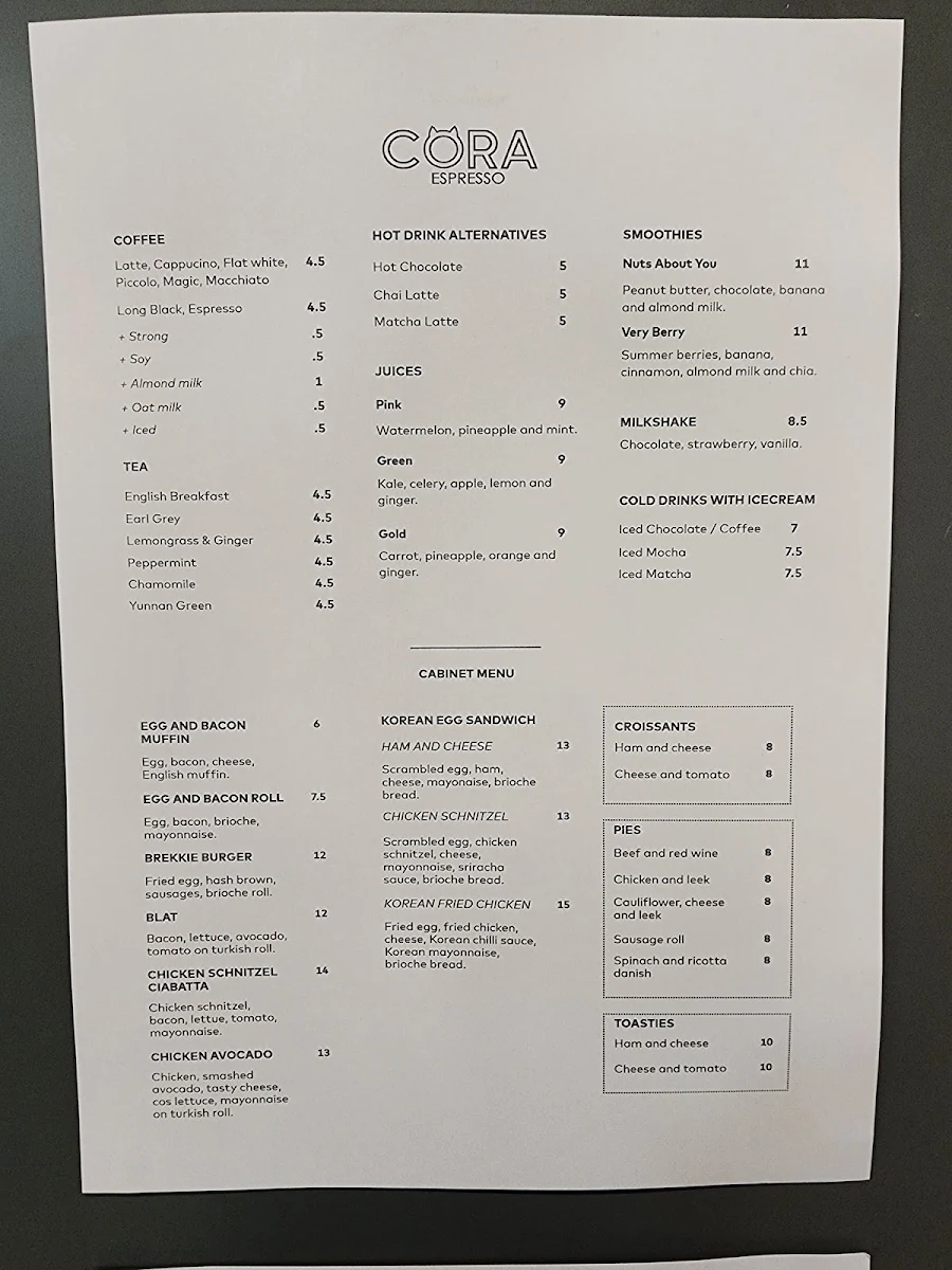 Menu, Cora Espresso