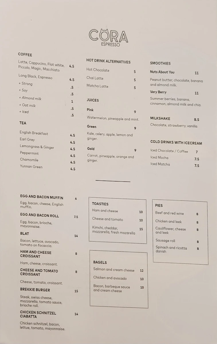 Menu, Cora Espresso