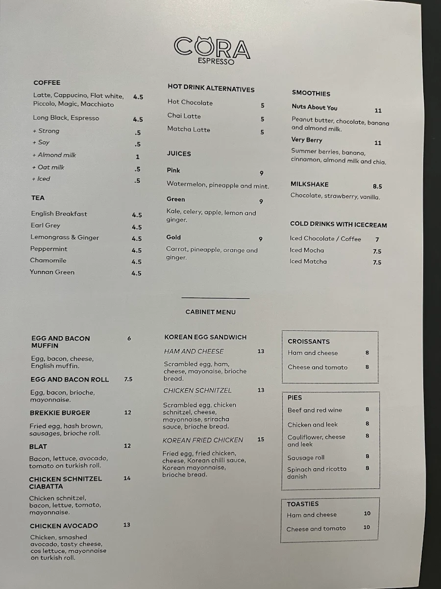 Menu, Cora Espresso