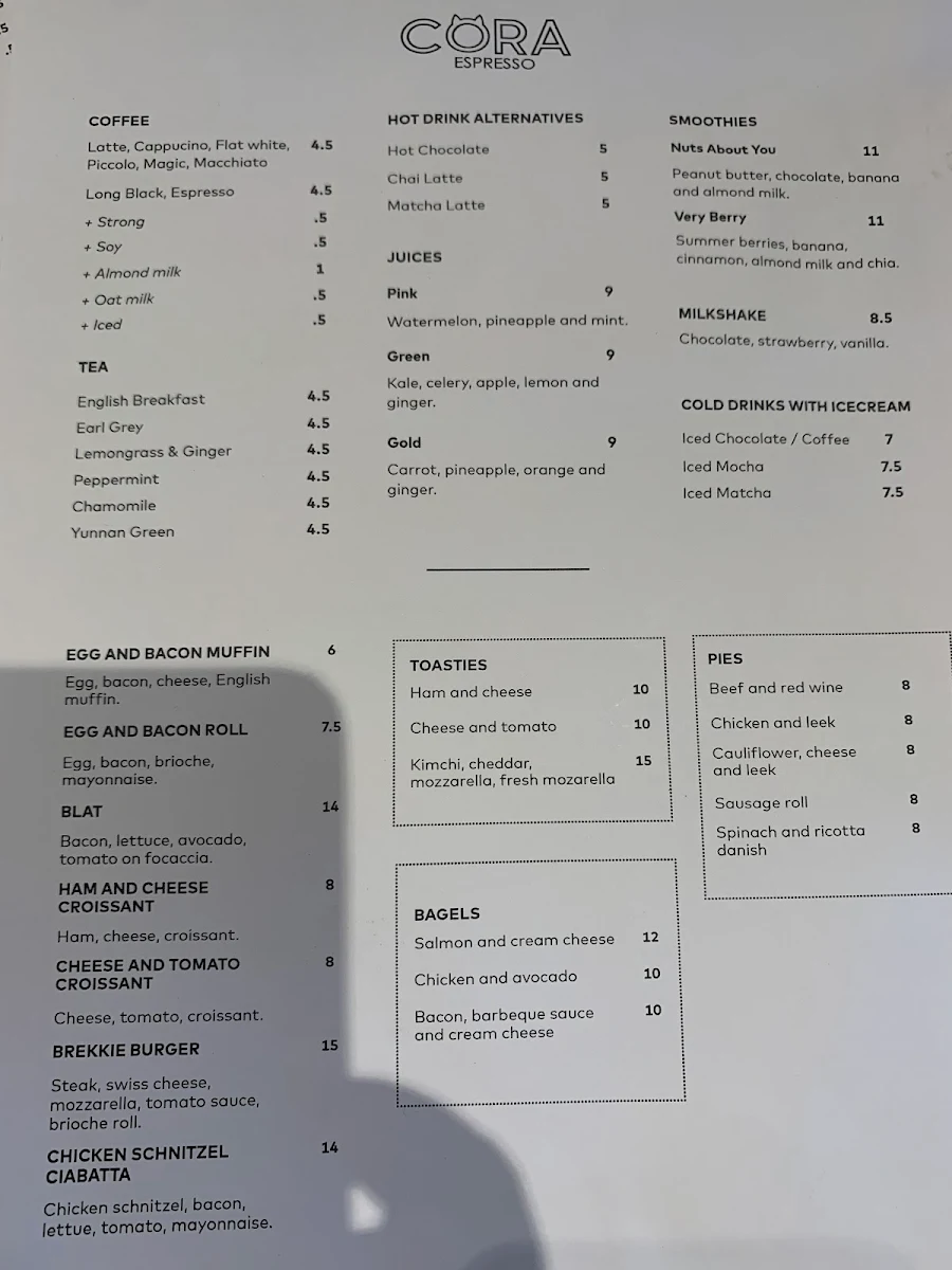 Menu, Cora Espresso