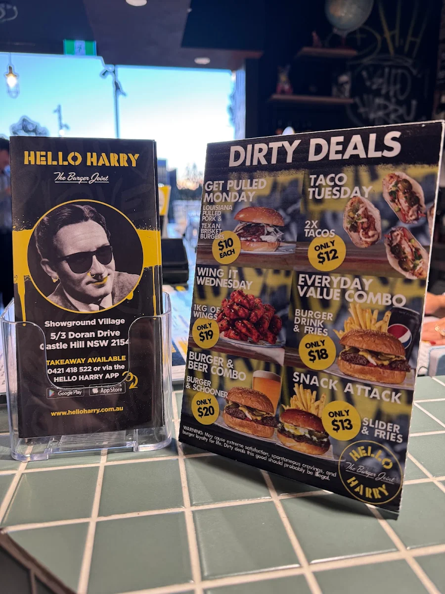 Menu, Hello Harry The Burger Joint (Castle Hill)
