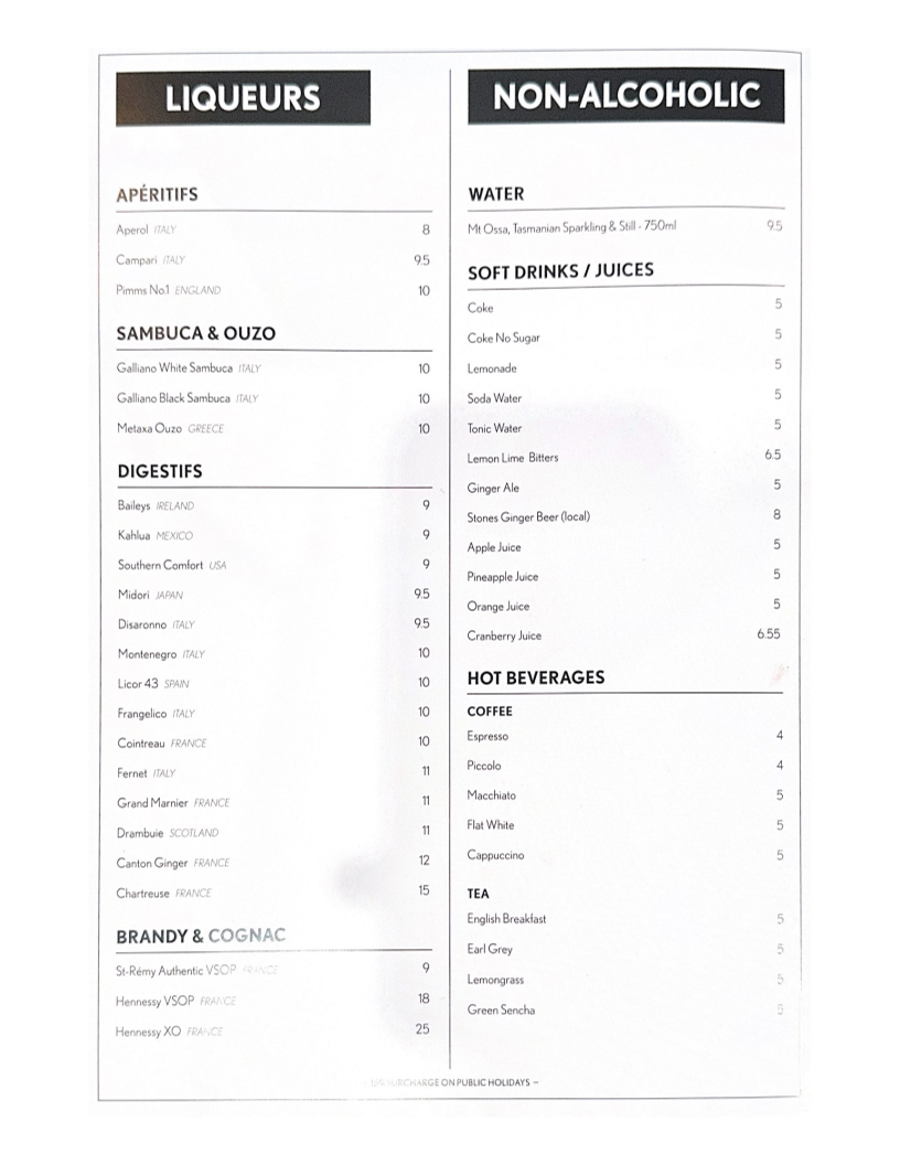 Menu, Sage Yellowfin Southbank