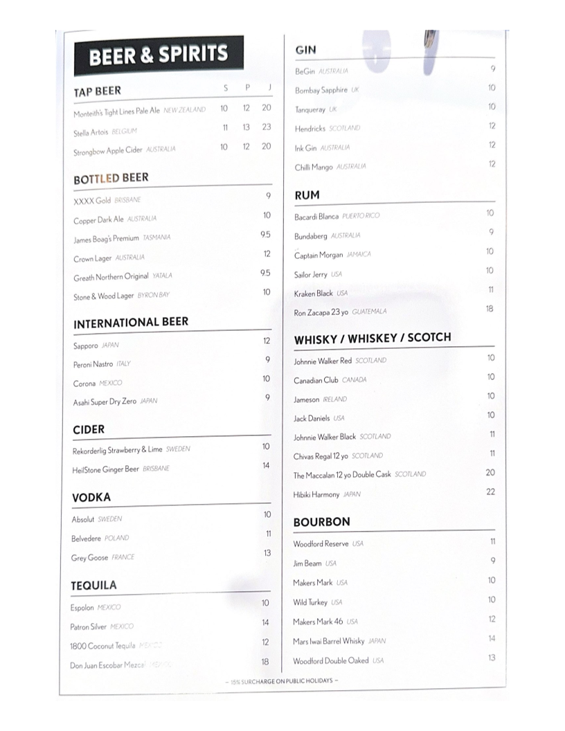 Menu, Sage Yellowfin Southbank
