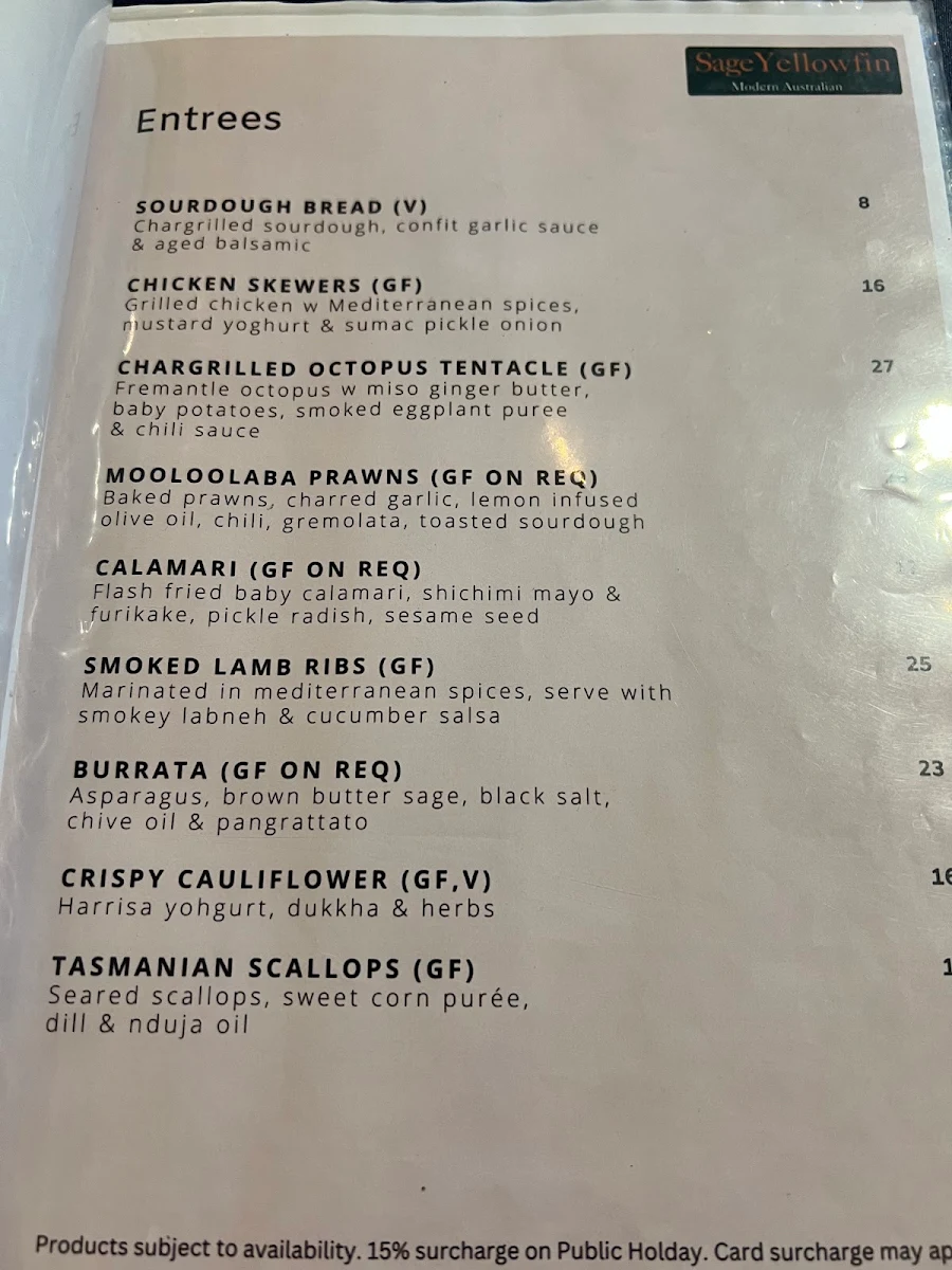 Menu, Sage Yellowfin Southbank