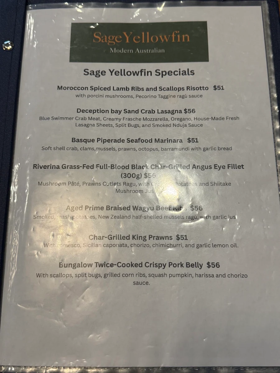Menu, Sage Yellowfin Southbank
