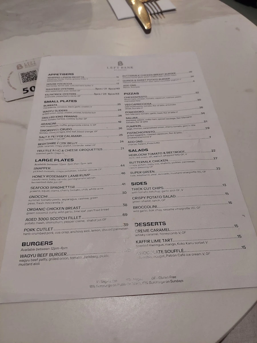 Menu, Left Bank Melbourne Restaurant & Cocktail Bar