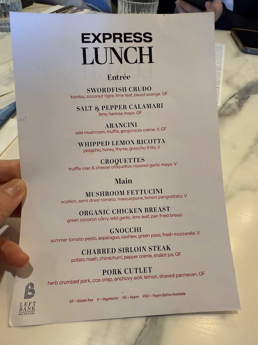 Menu, Left Bank Melbourne Restaurant & Cocktail Bar