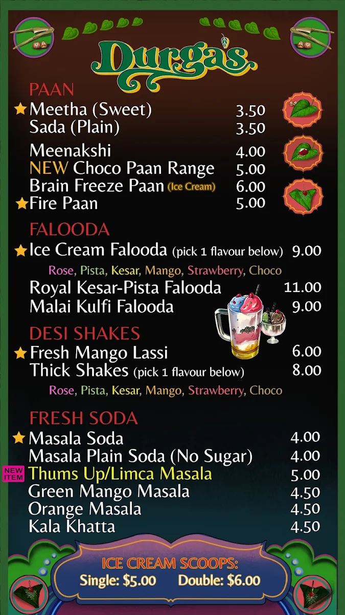 Menu, Durga's Paan & Falooda House