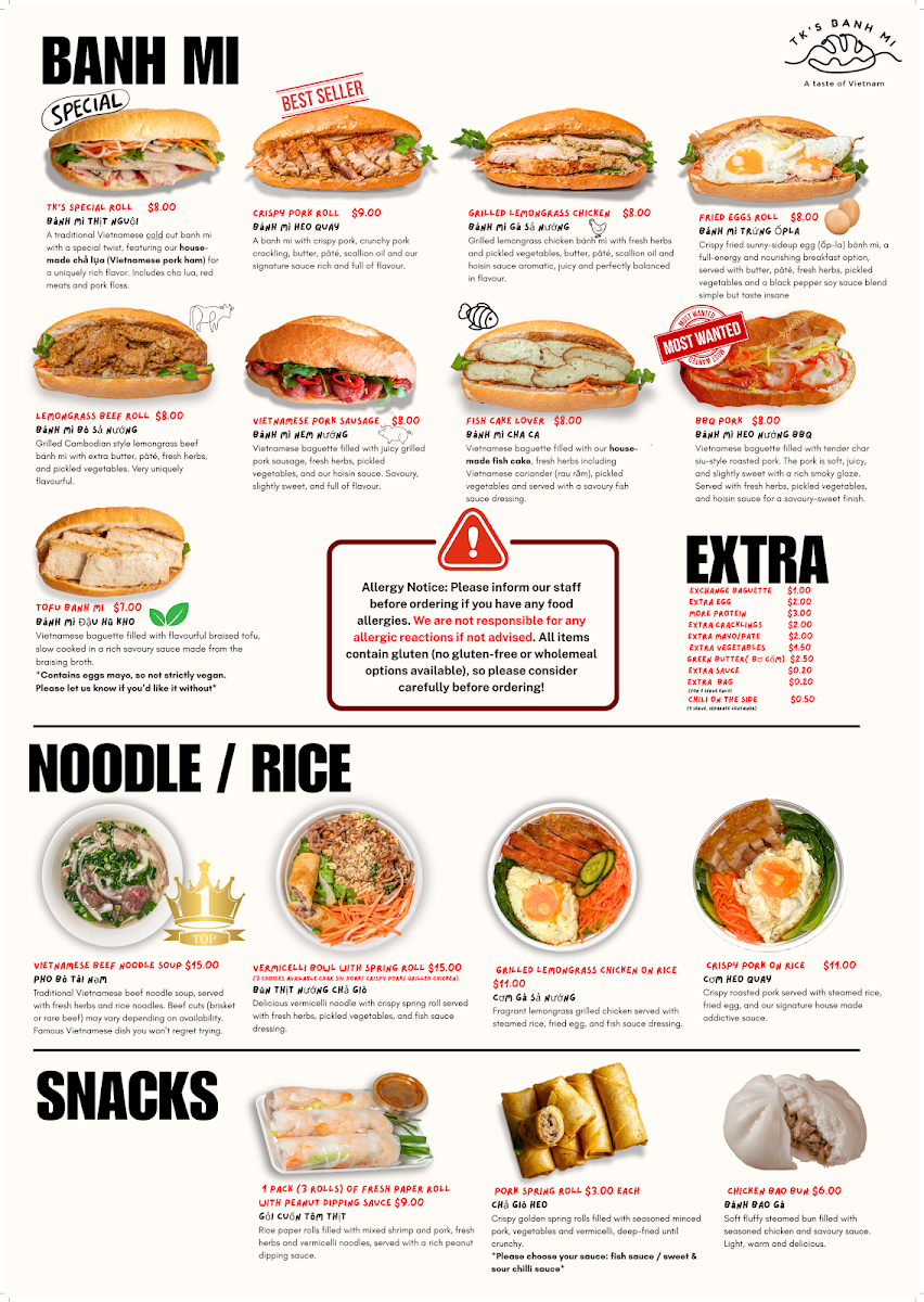 Menu, TK’s Banh Mi