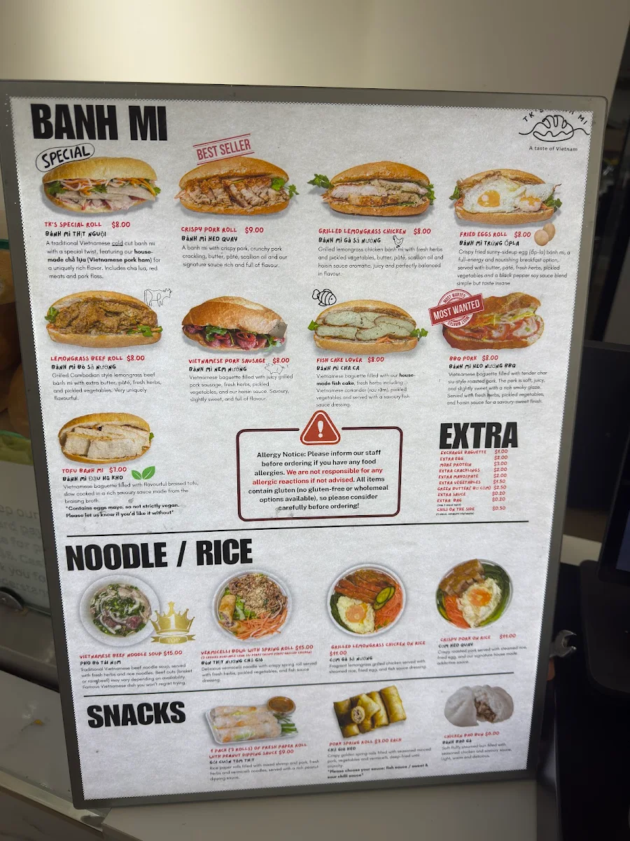 Menu, TK’s Banh Mi
