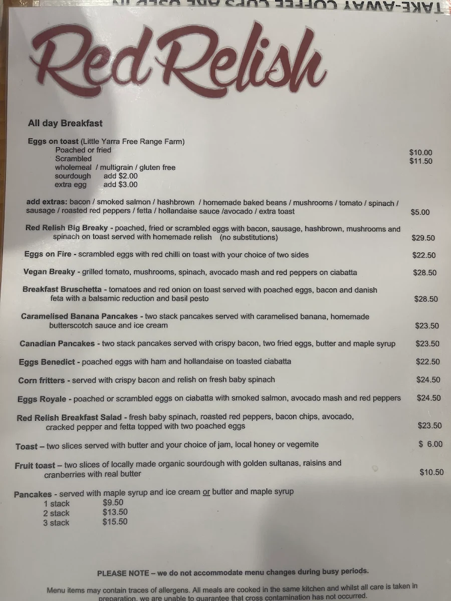 Menu, Red Relish Cafe