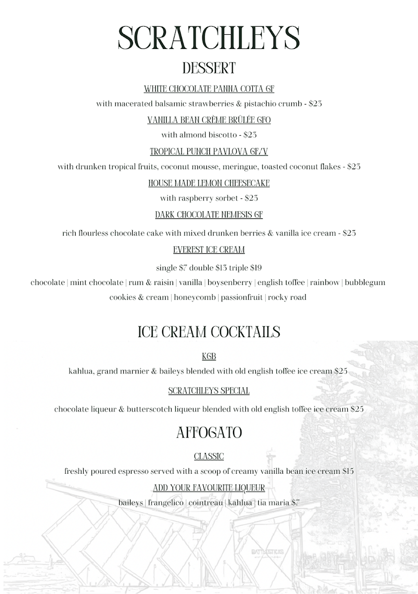 Menu, Scratchleys on the Wharf