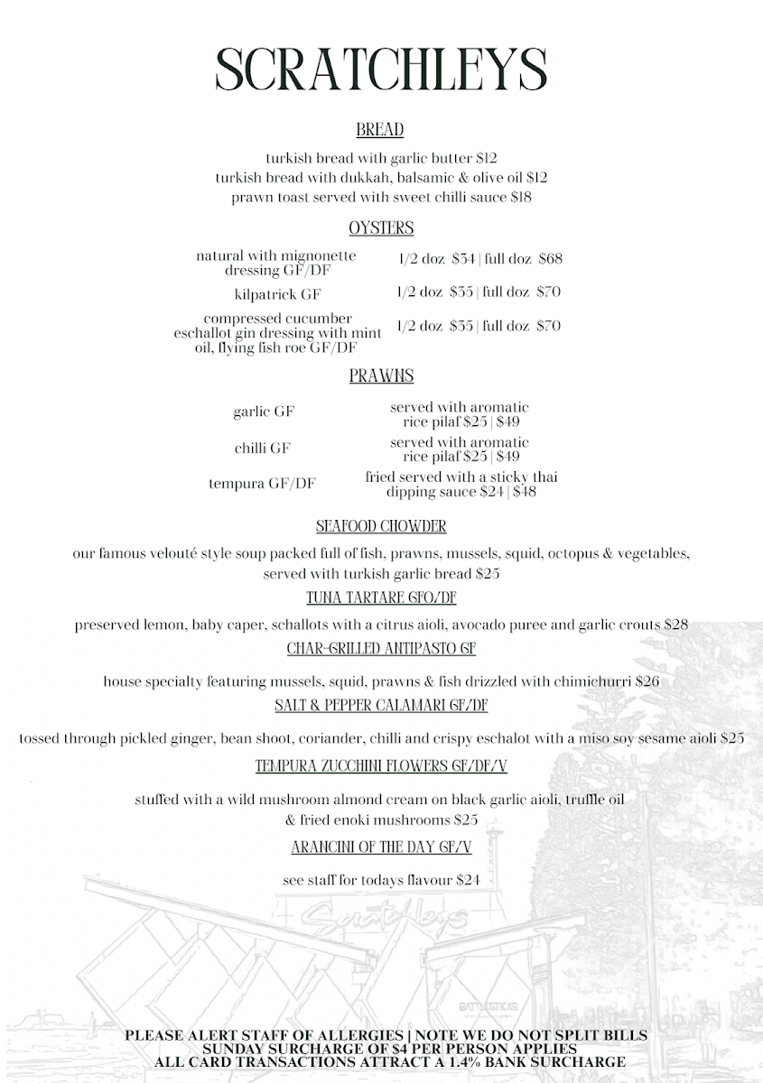Menu, Scratchleys on the Wharf