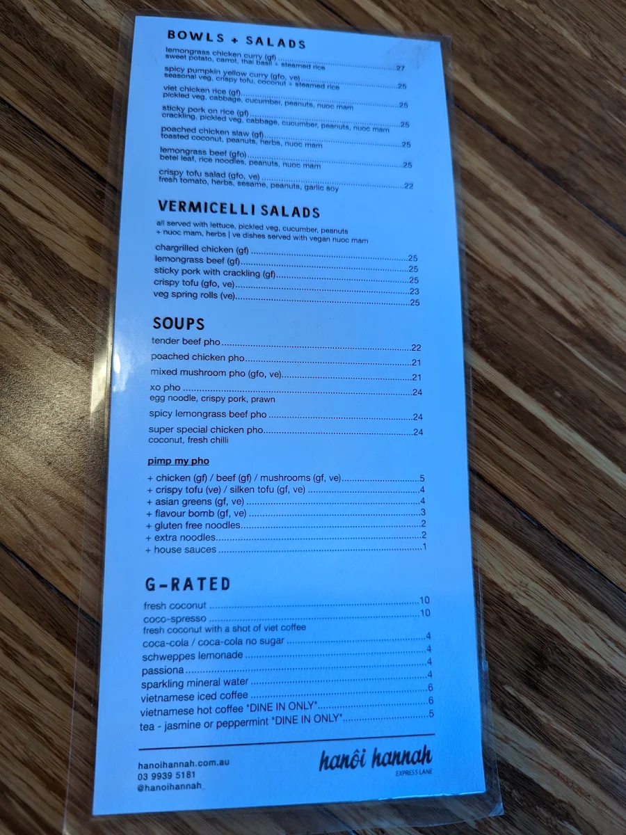 Menu, Hanoi Hannah Windsor