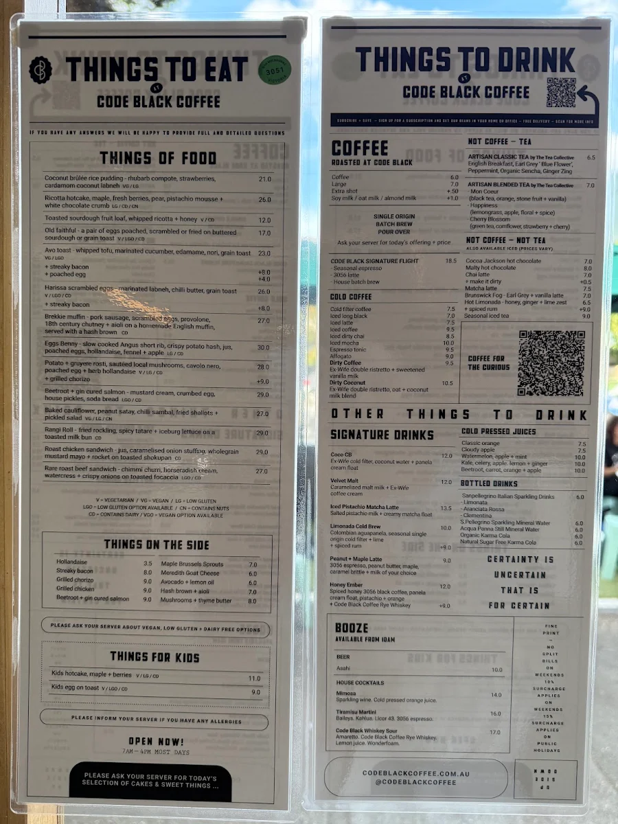 Menu, Code Black Coffee North Melbourne