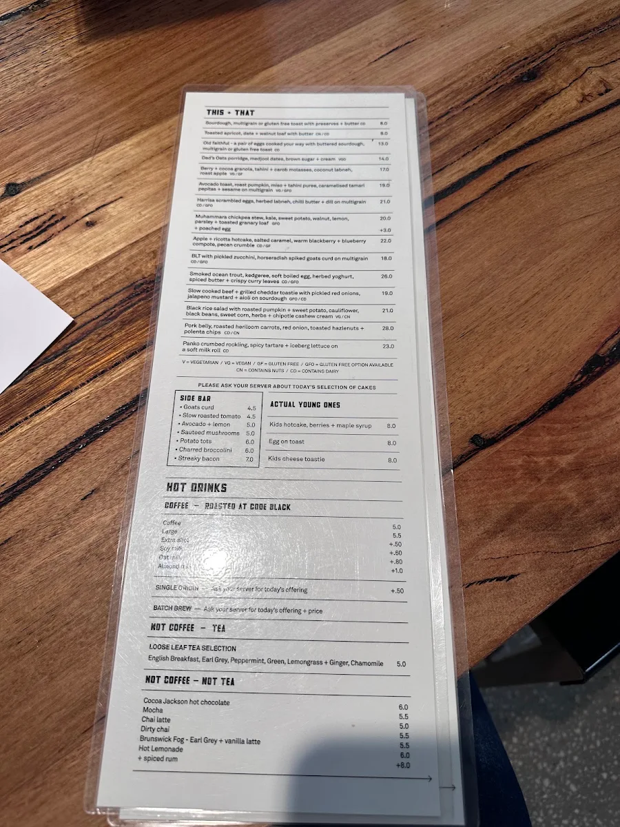 Menu, Code Black Coffee North Melbourne