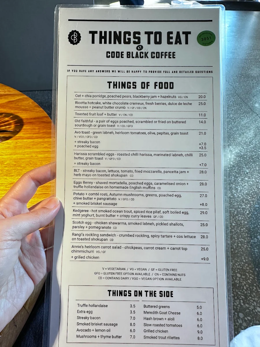 Menu, Code Black Coffee North Melbourne