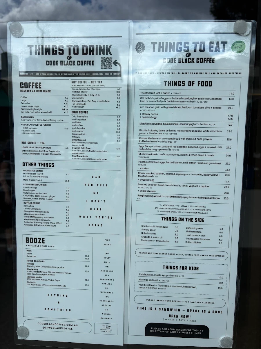 Menu, Code Black Coffee North Melbourne