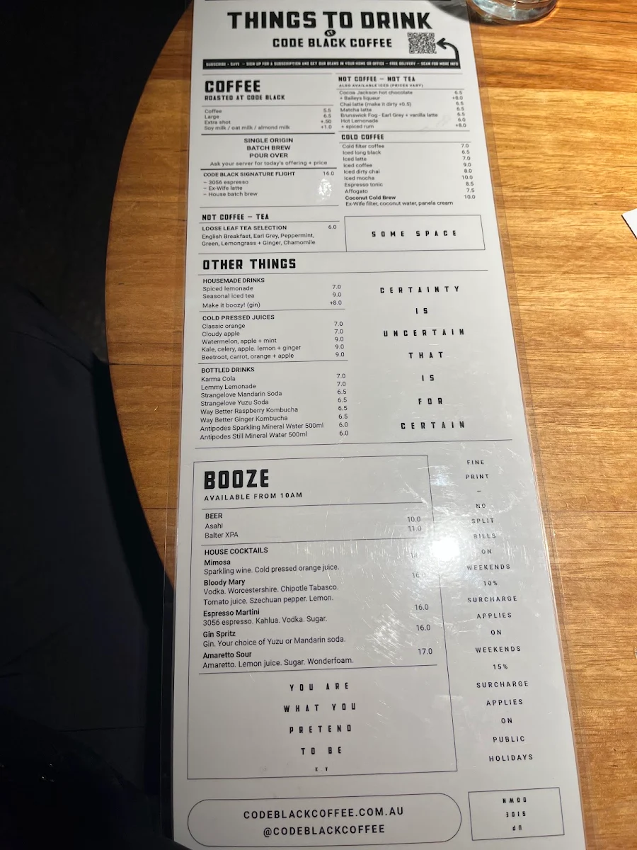 Menu, Code Black Coffee North Melbourne