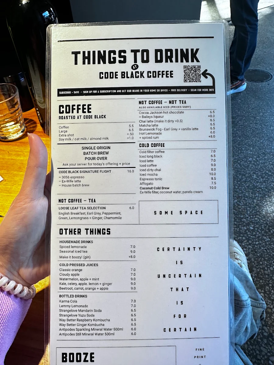 Menu, Code Black Coffee North Melbourne