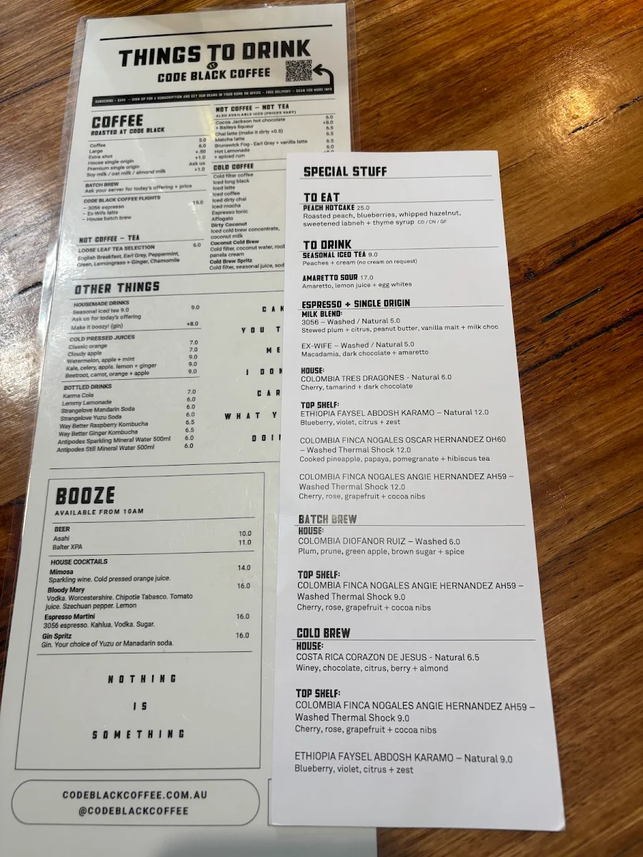 Menu, Code Black Coffee North Melbourne