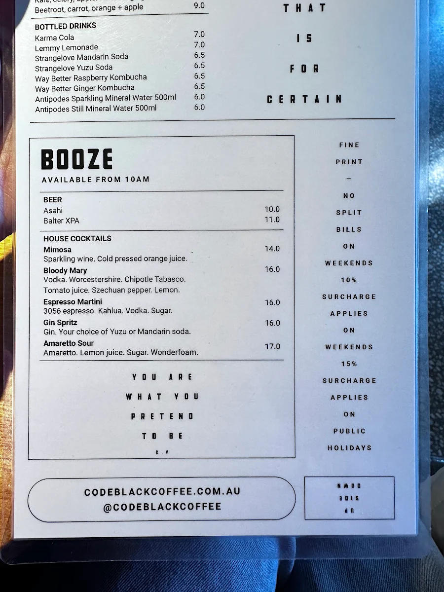 Menu, Code Black Coffee North Melbourne