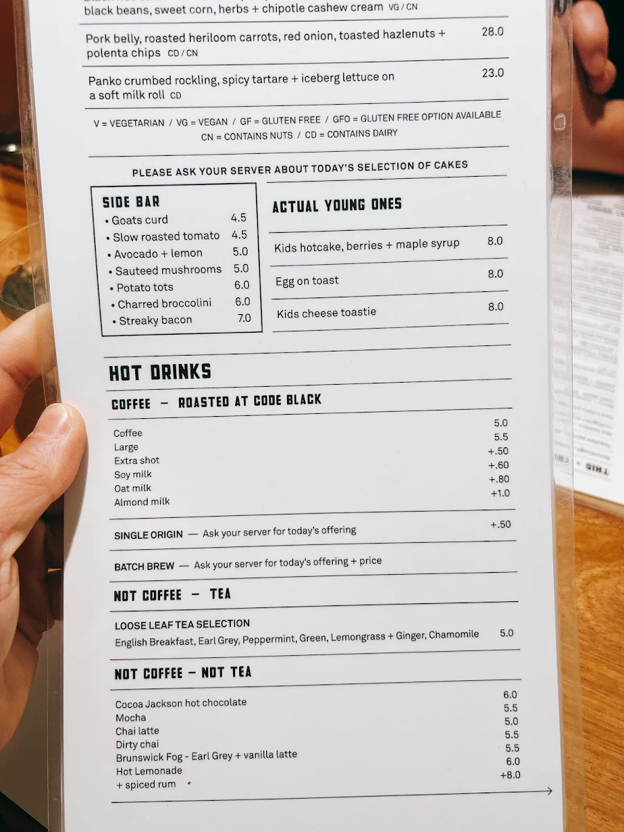 Menu, Code Black Coffee North Melbourne