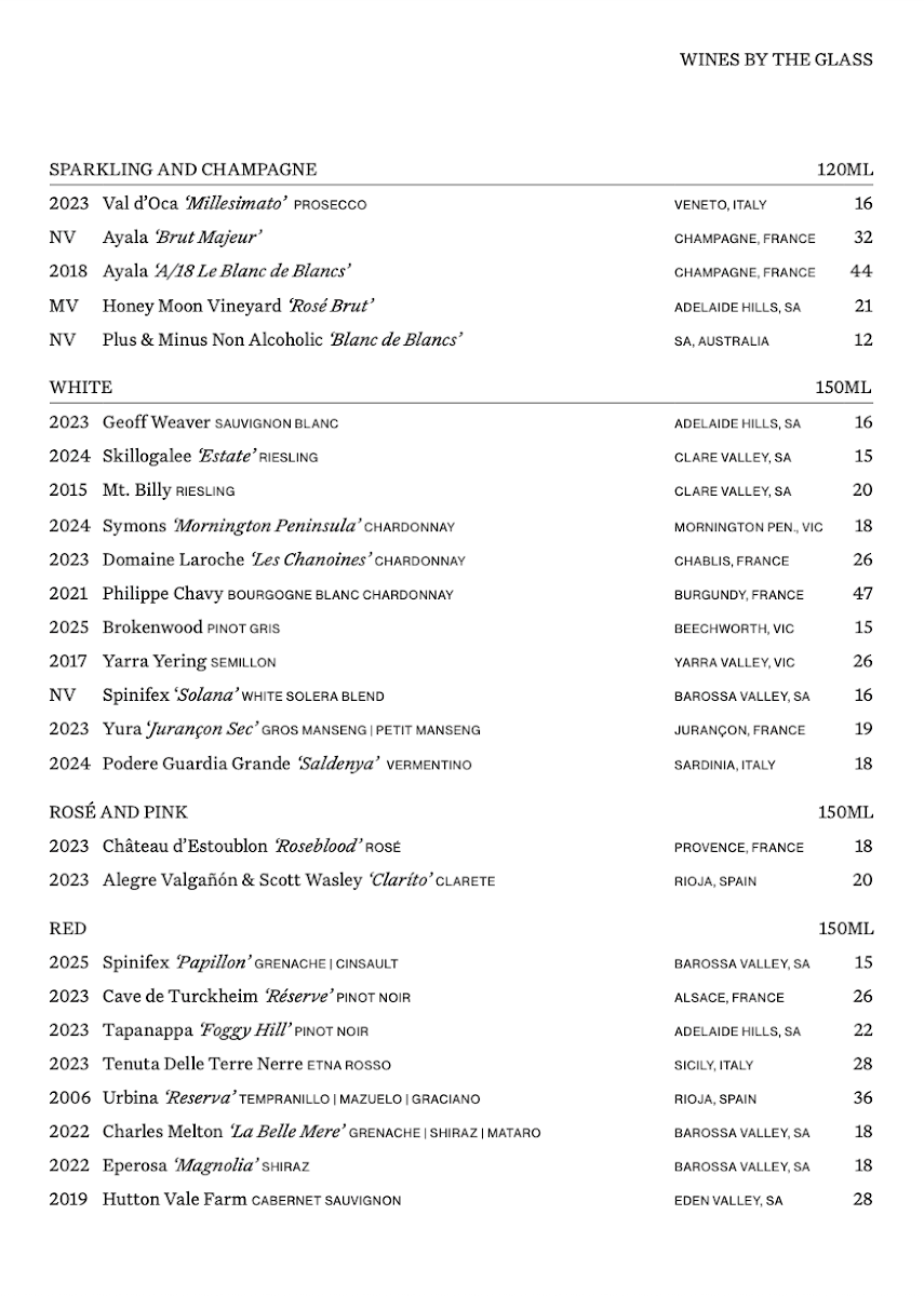 Menu, Canopy Bar