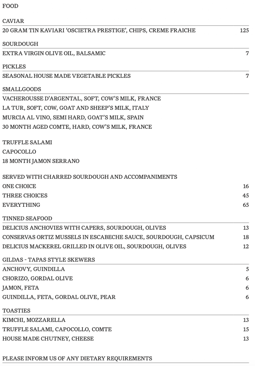 Menu, Canopy Bar