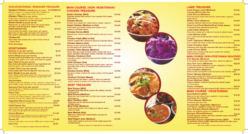 Menu, Aroma Indian Cuisine - Epping