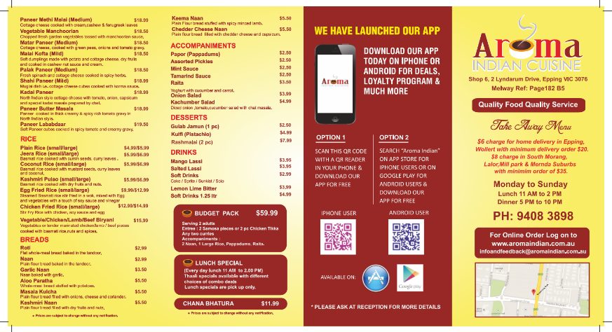 Menu, Aroma Indian Cuisine - Epping