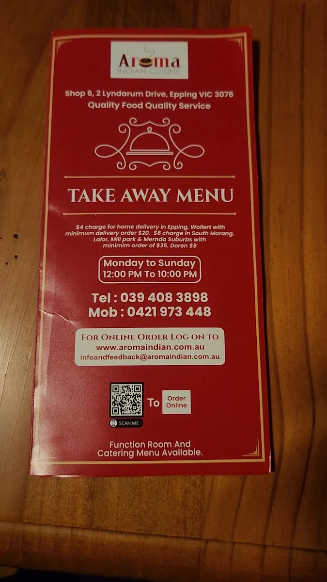 Menu, Aroma Indian Cuisine - Epping
