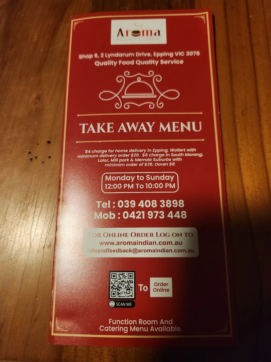 Menu, Aroma Indian Cuisine - Epping