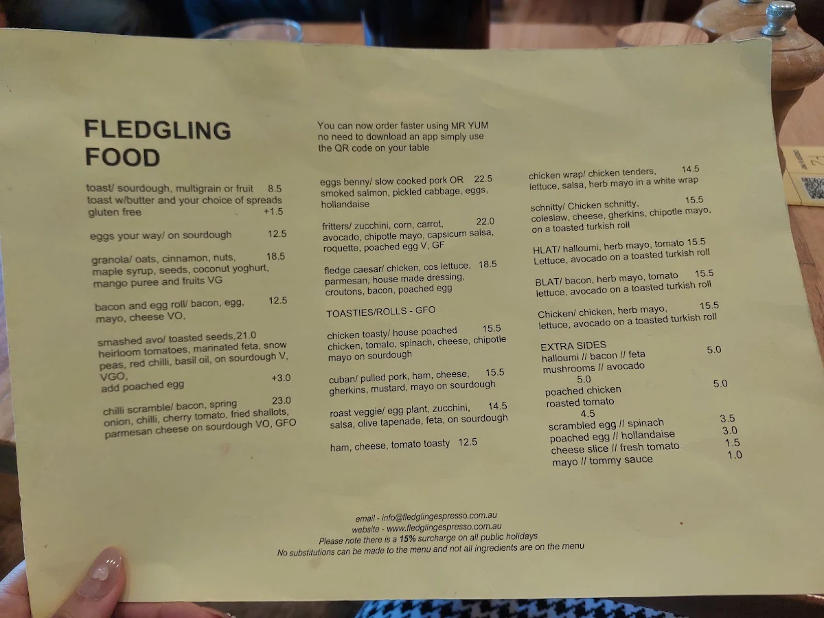 Menu, Fledgling Espresso
