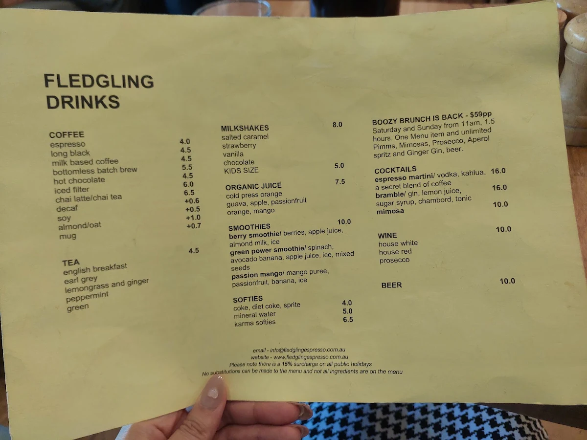 Menu, Fledgling Espresso
