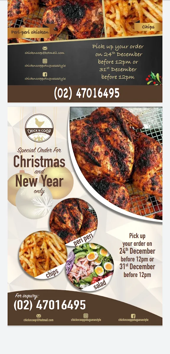 Menu, Chick N Coop Portuguese Style Chicken