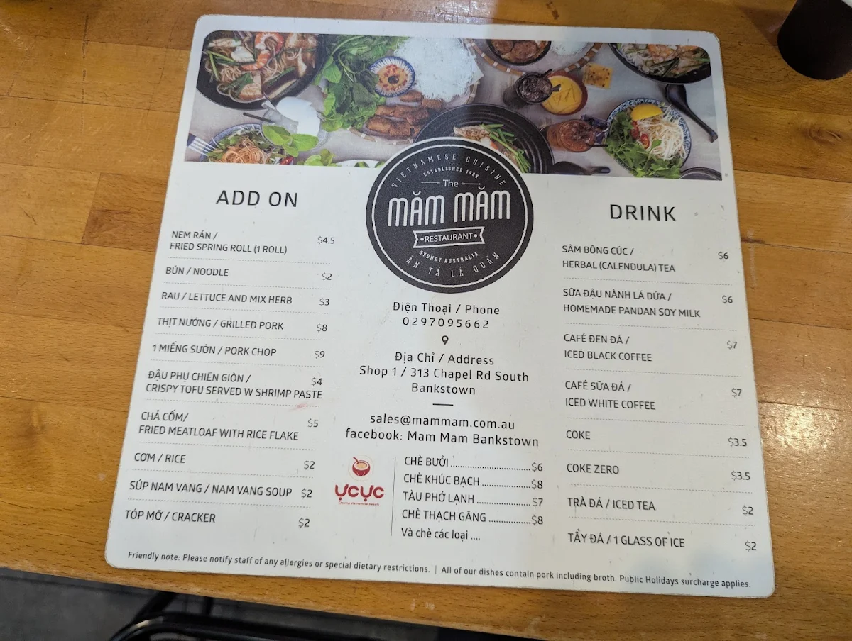 Menu, Mam Mam Bankstown Restaurant