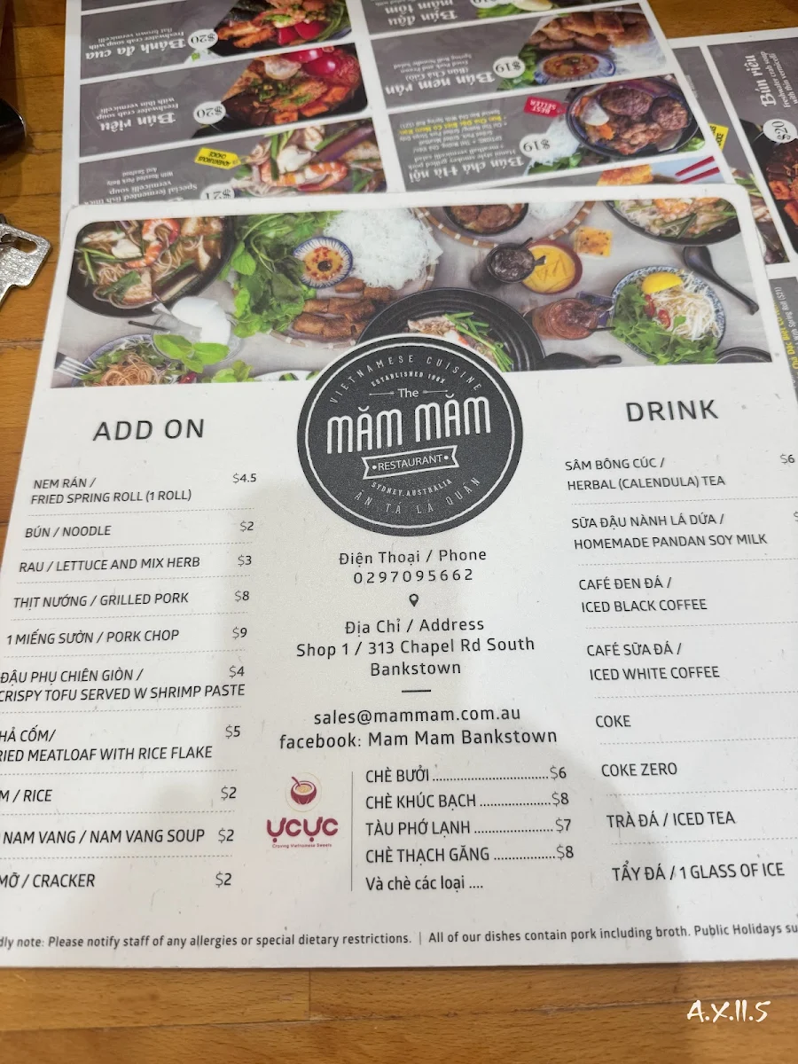 Menu, Mam Mam Bankstown Restaurant