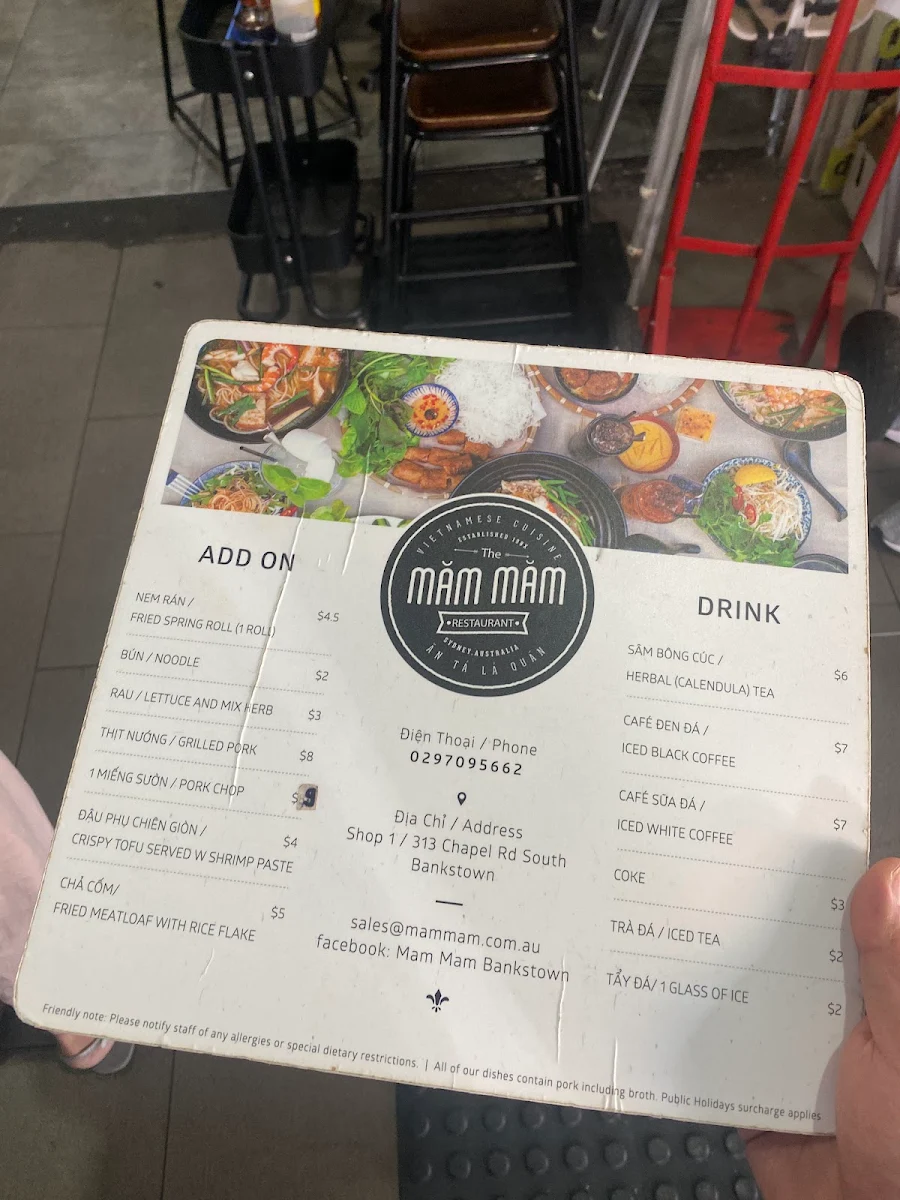 Menu, Mam Mam Bankstown Restaurant