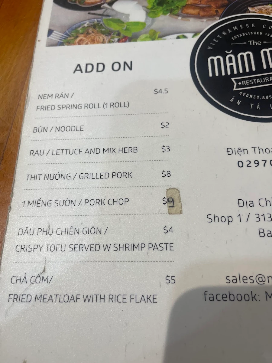 Menu, Mam Mam Bankstown Restaurant
