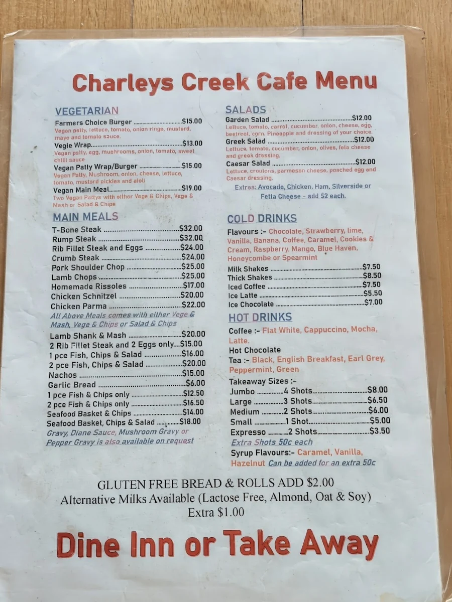 Menu, Charleys Creek Cafe