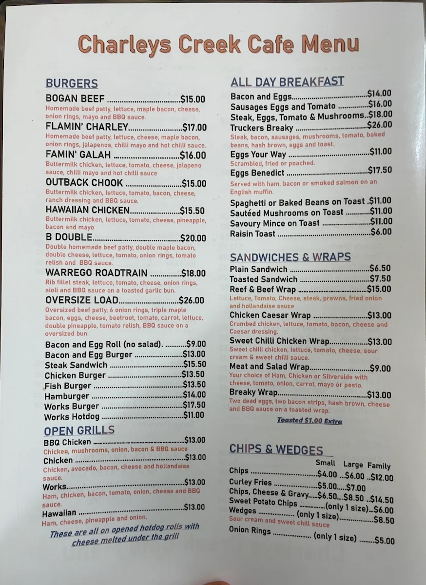 Menu, Charleys Creek Cafe