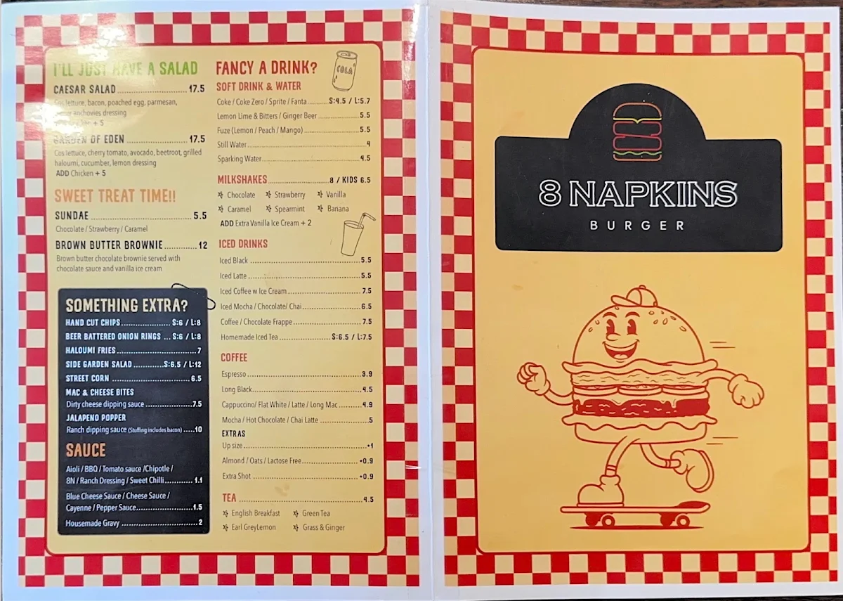 Menu, 8 Napkins Burger