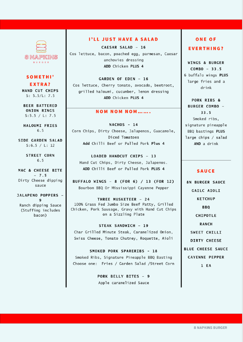 Menu, 8 Napkins Burger
