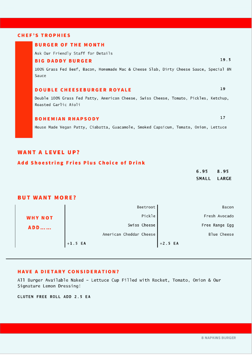 Menu, 8 Napkins Burger