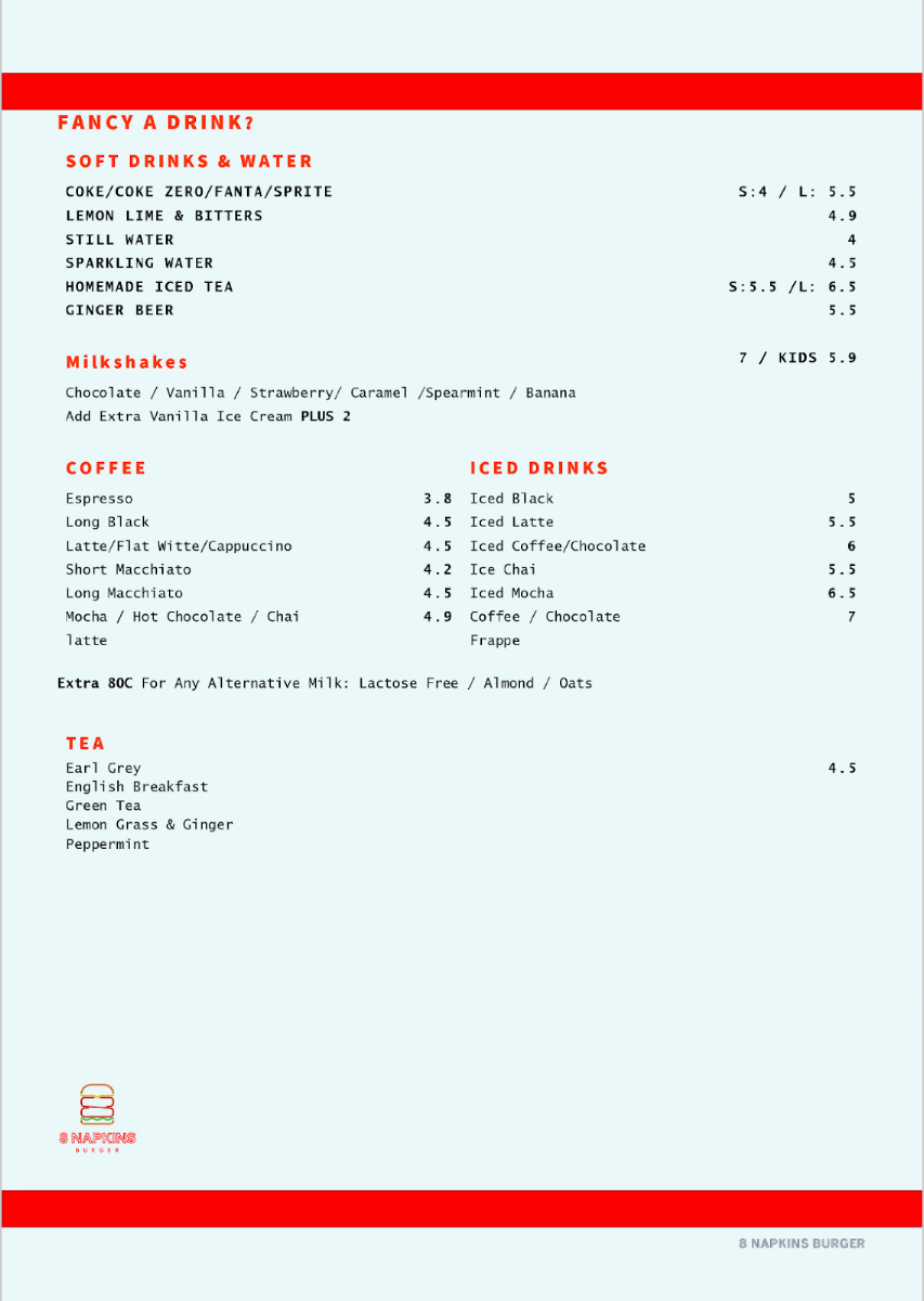Menu, 8 Napkins Burger