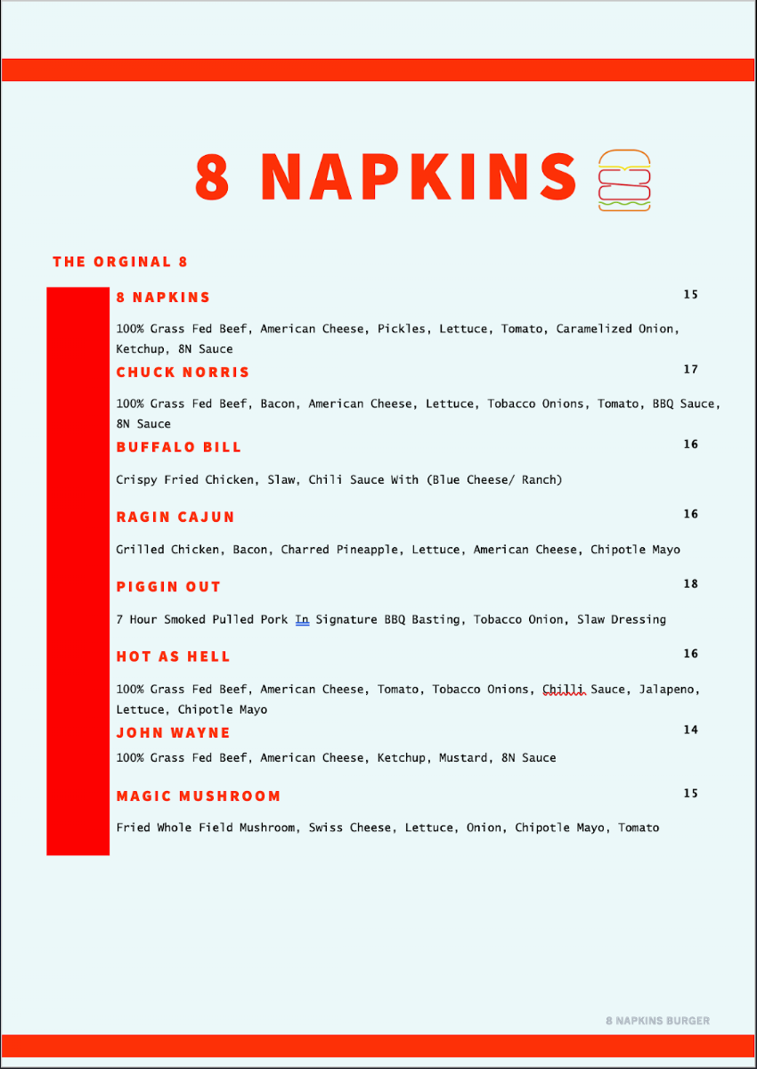 Menu, 8 Napkins Burger