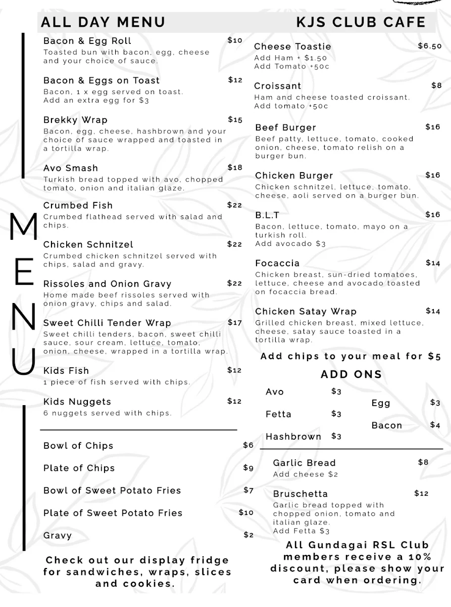 Menu, KJS CLUB CAFE