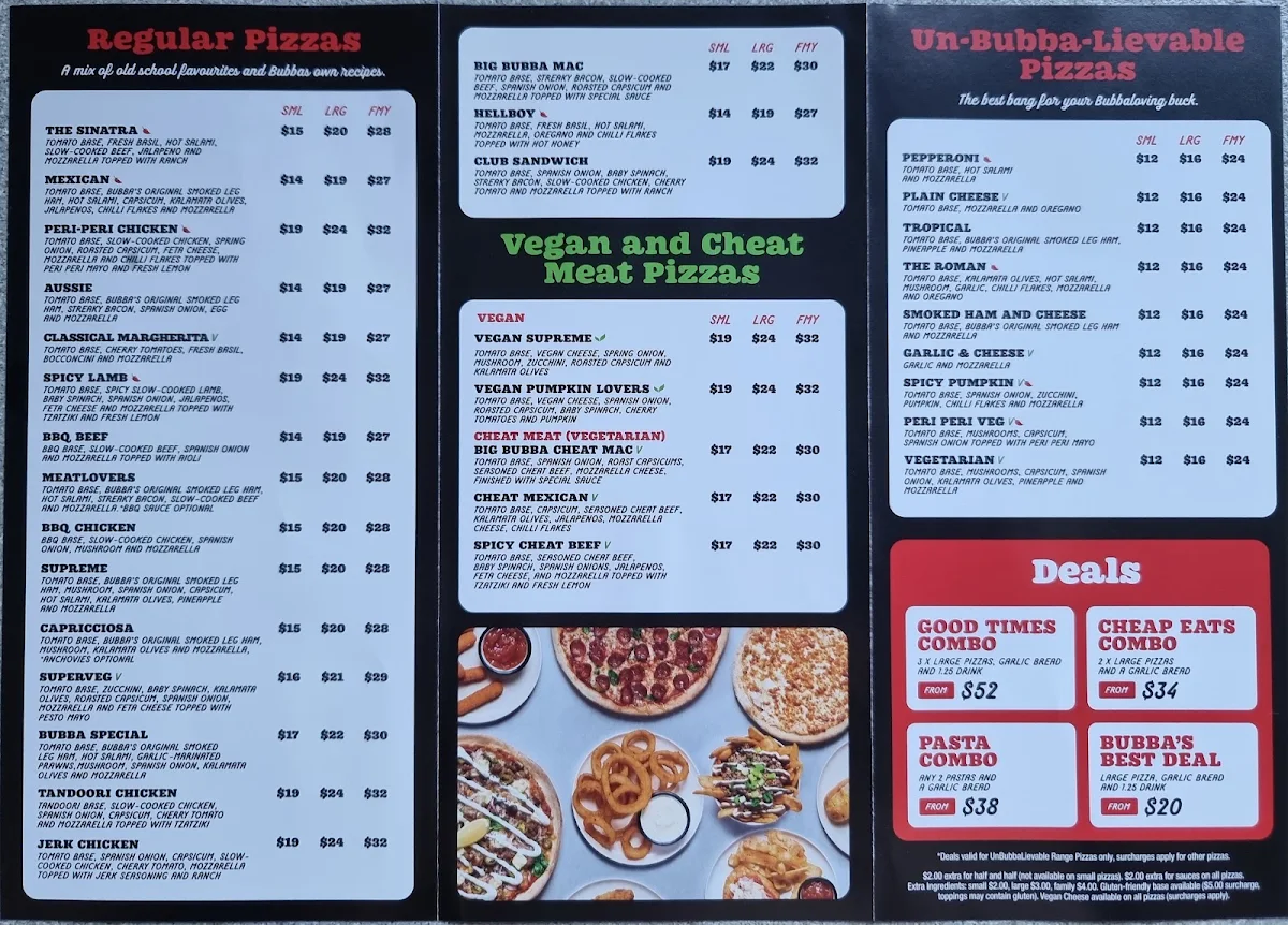 Menu, Bubba Pizza Torquay